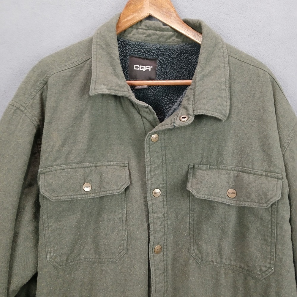 CQR Shacket Men 2XL Olive Green Cotton Flannel Fleece Lined Snap Front Insulated - Picture 3 of 8